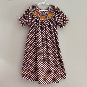 Claire & Charlie Polka Dot Kids Dress with Smocking  And Pumpkin Accents Size 6X